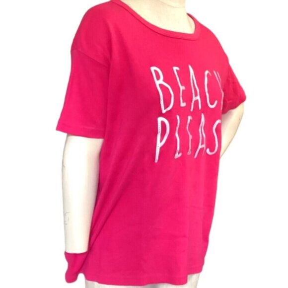 "Beach Please" Rhinestone Short Sleeve Graphic Tee Plus Sz 2XL Pink #61D - Picture 2 of 6